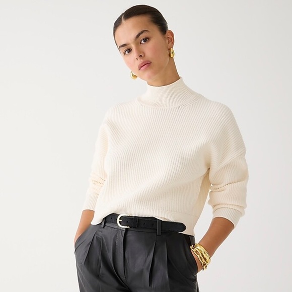 NWT J. Crew Ivory Ribbed Turtleneck Sweater Knit Stretch Pullover Cropped - Picture 1 of 5